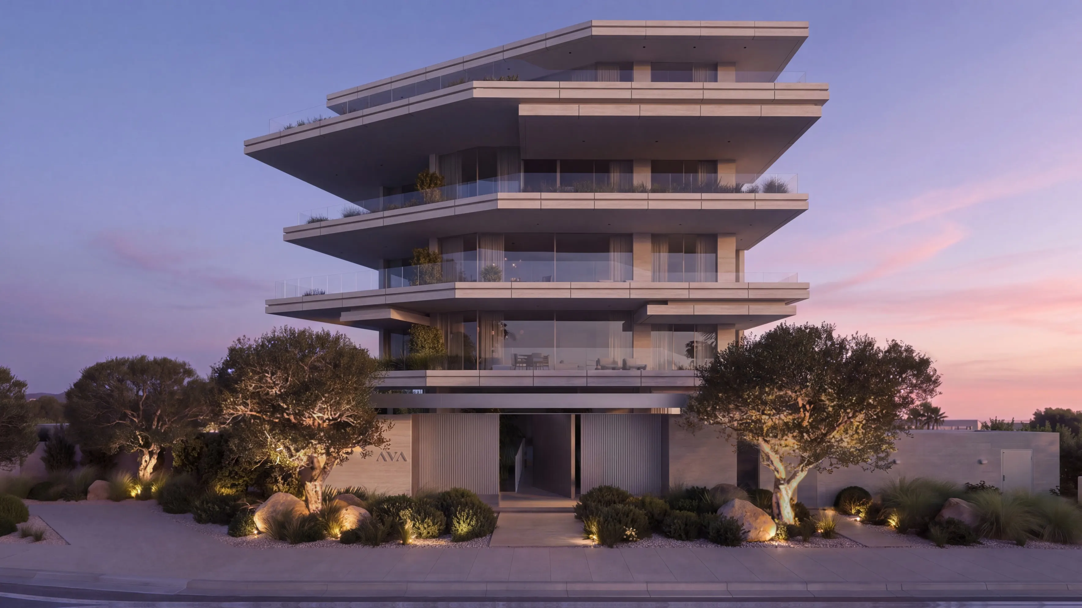 AVA from Promitheos street at dusk: the Villa at garden level, two floors of Residences and the Penthouse above, the garden lit