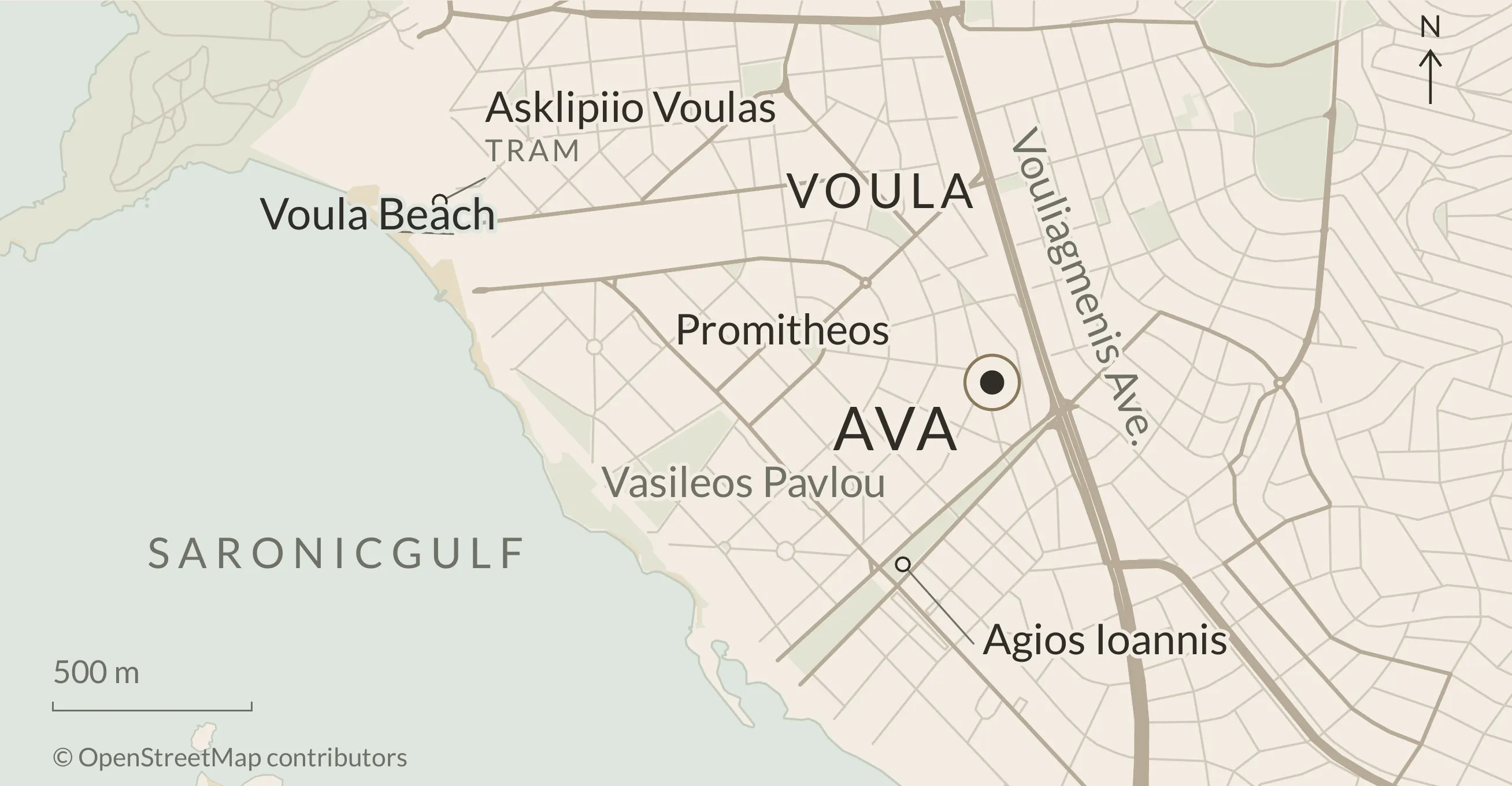 Map of Voula: AVA on Promitheos street, between Vasileos Pavlou and Vouliagmenis Avenue, a few streets from the sea