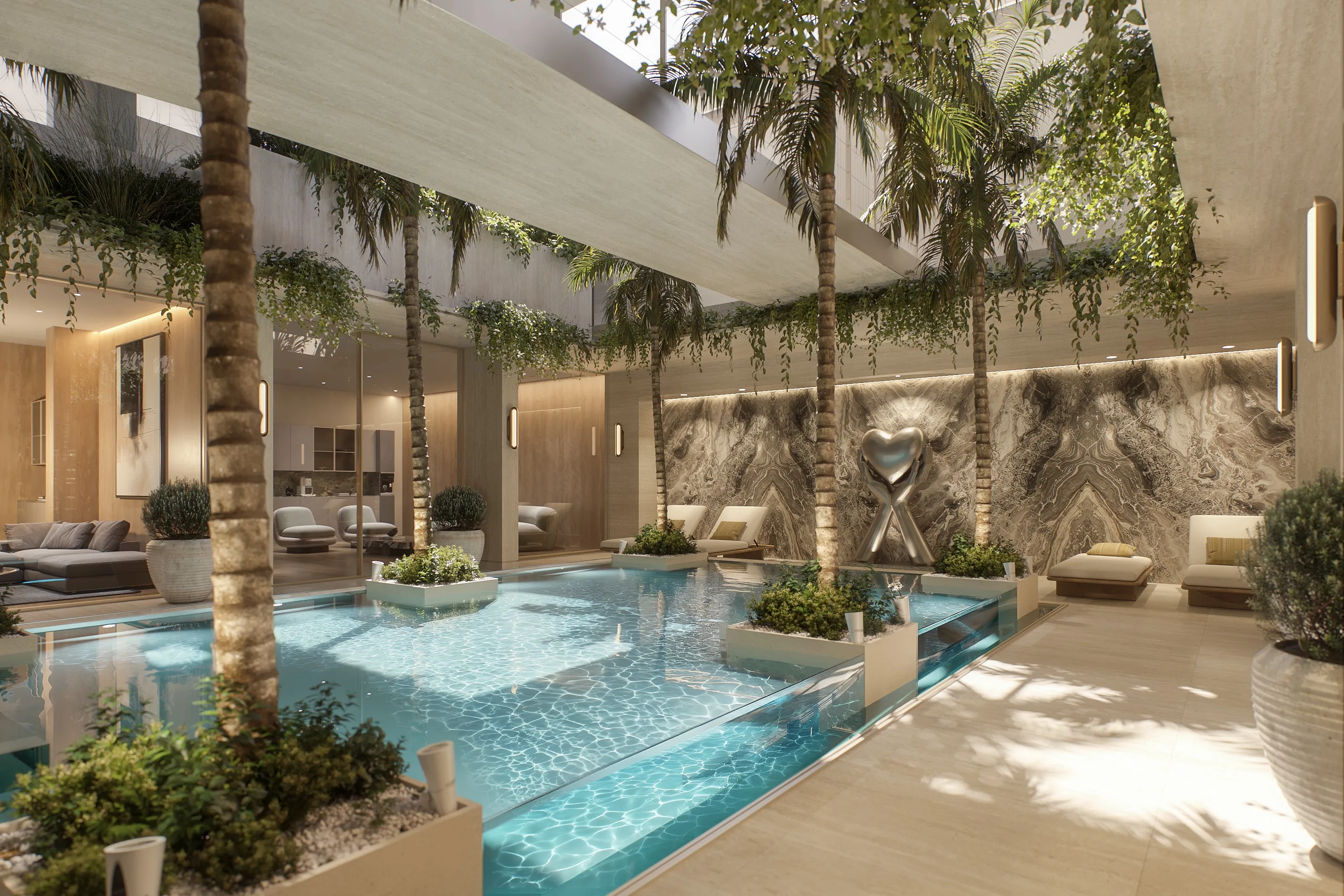 The Pavilion courtyard: palms, loungers and the pool