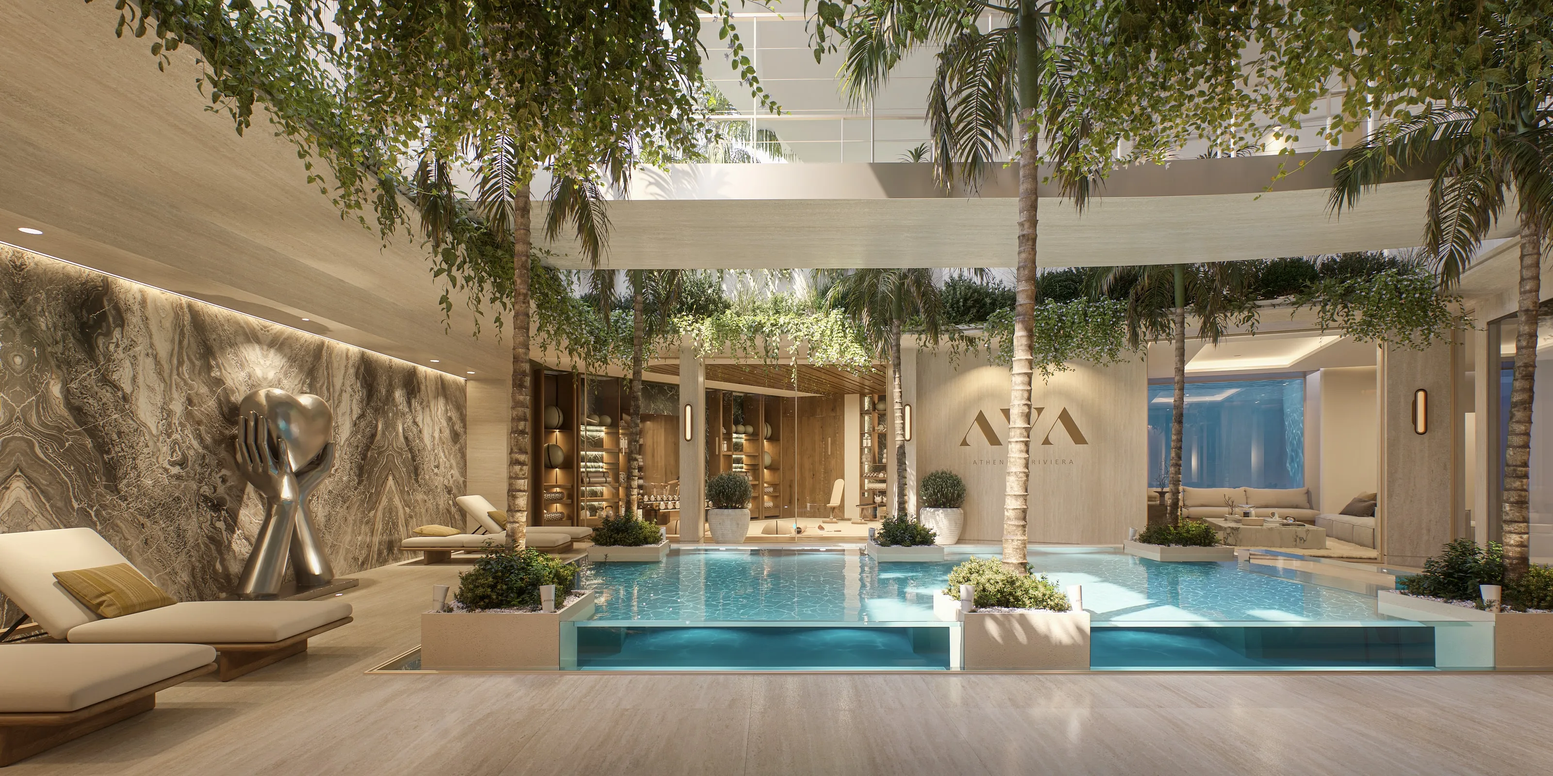 The Pavilion courtyard: loungers, the sculpture and the pool between palms, the AVA wall at the far end