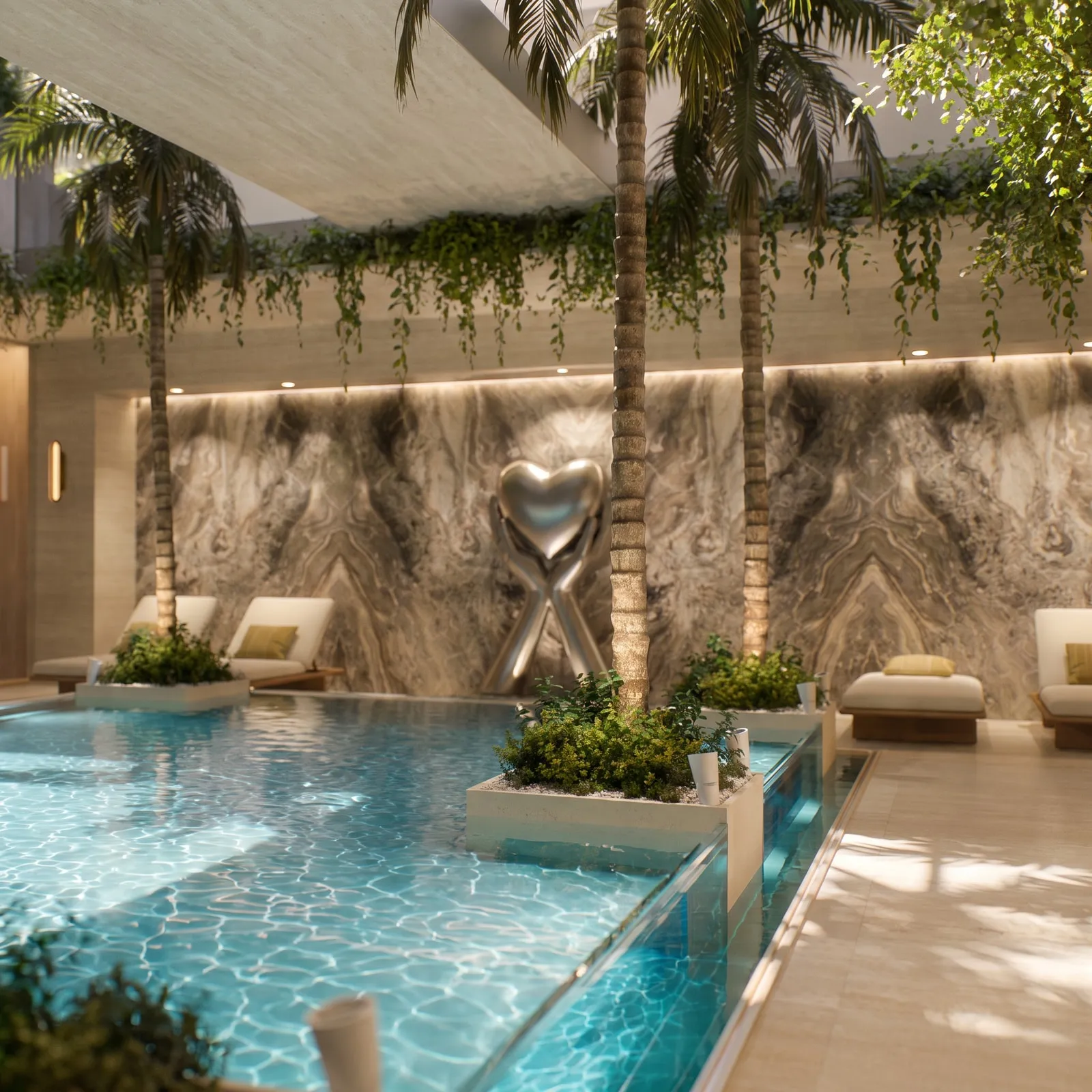 The sculpture by the courtyard pool, against the veined stone wall