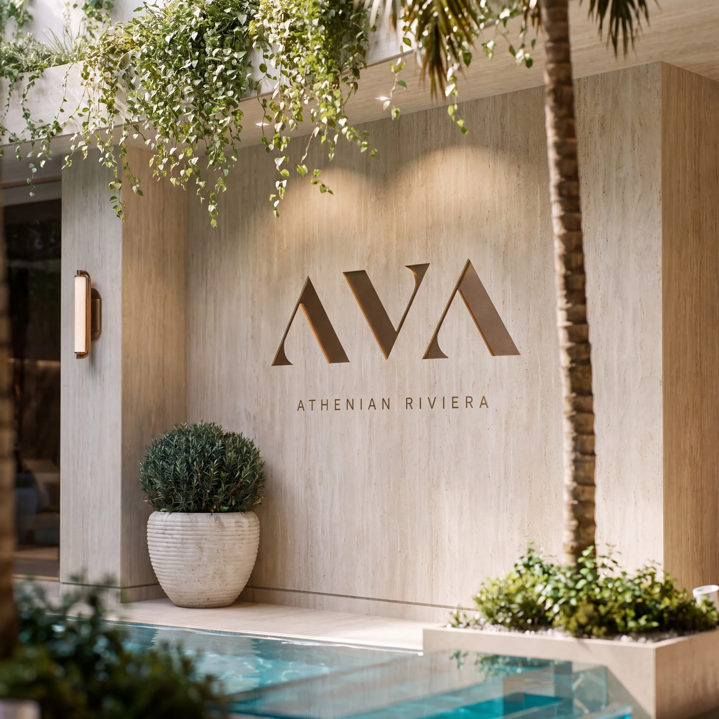 The AVA wall in the Pavilion courtyard, by the pool